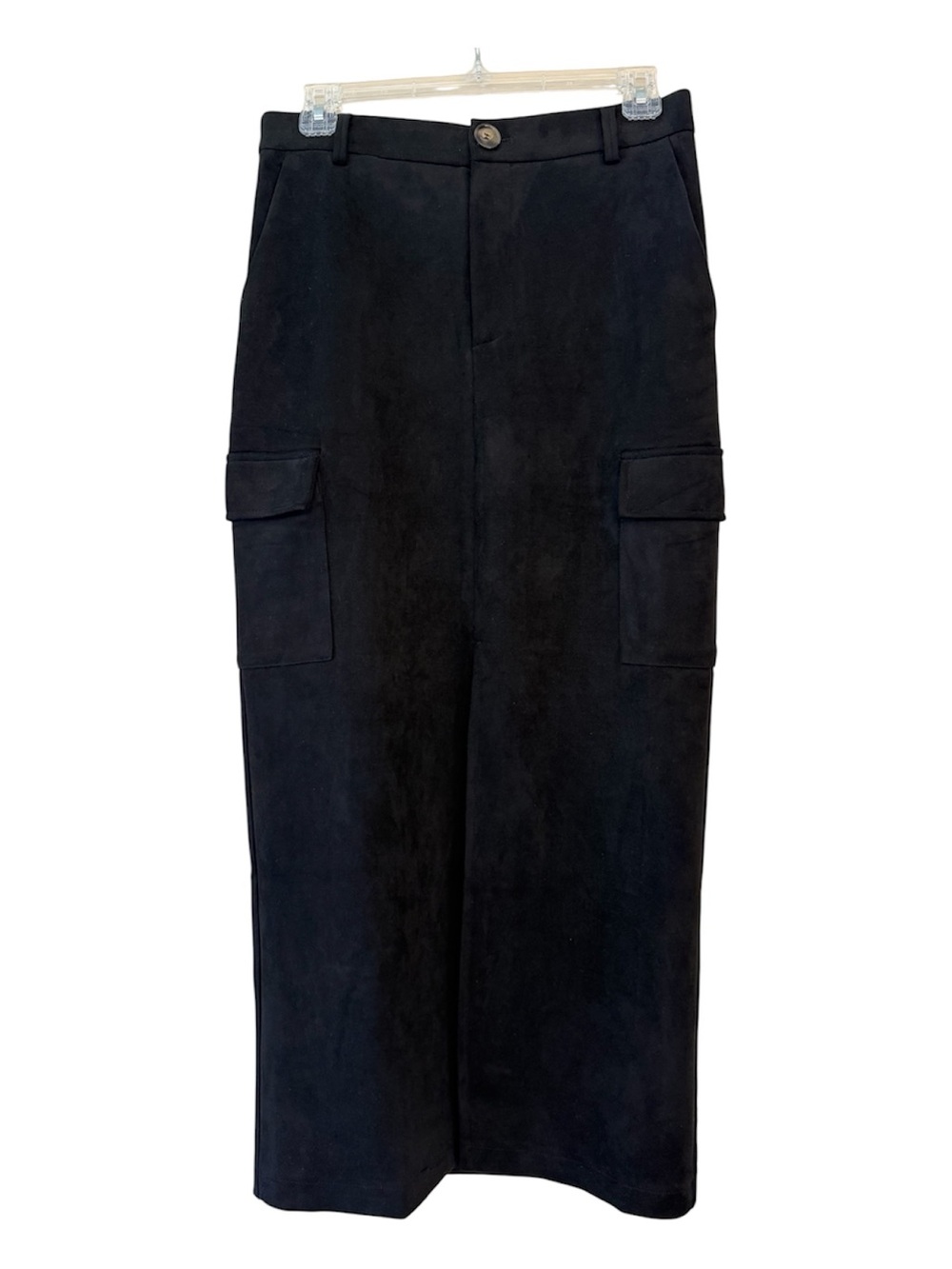 Hem & Thread Faux Suede Black Midi Cargo Skirt Medium